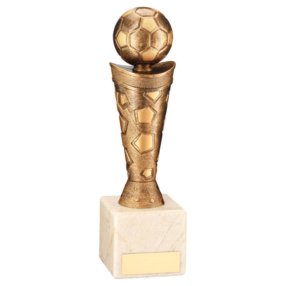 BRONZE/GOLD PLASTIC FOOTBALL FIGURE ON CREAM MARBLE TROPHY - 6.75in