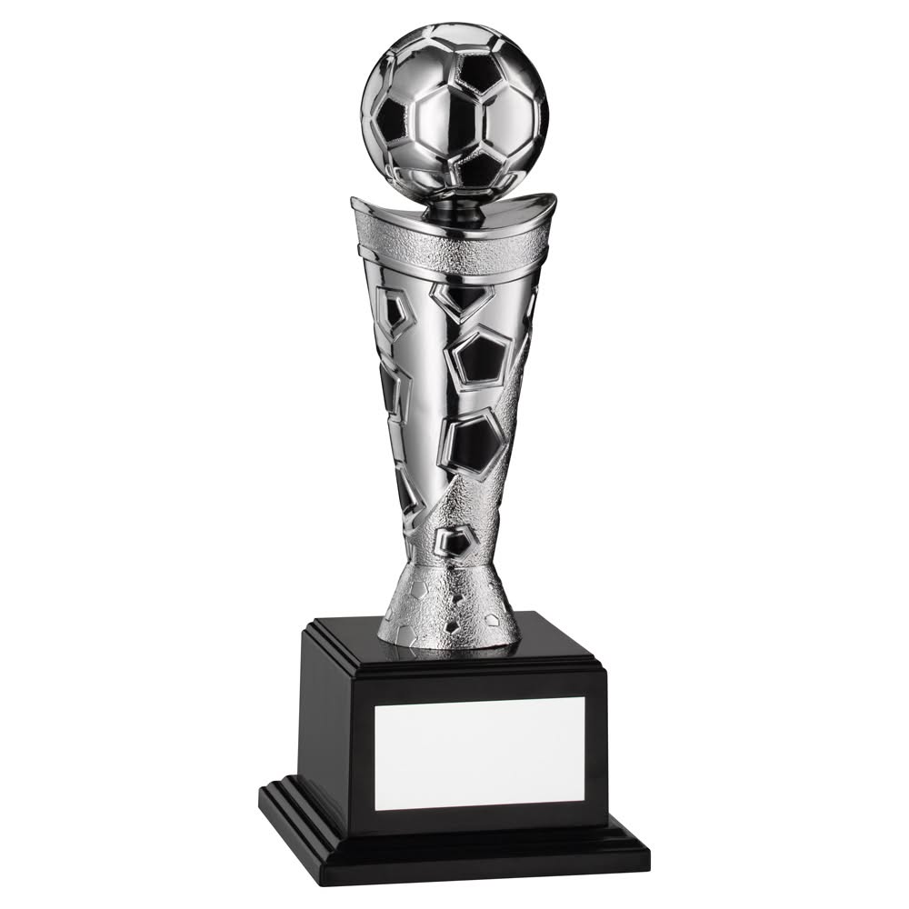 SILVER/BLACK PLASTIC FOOTBALL FIGURE ON BASE - 9.5in