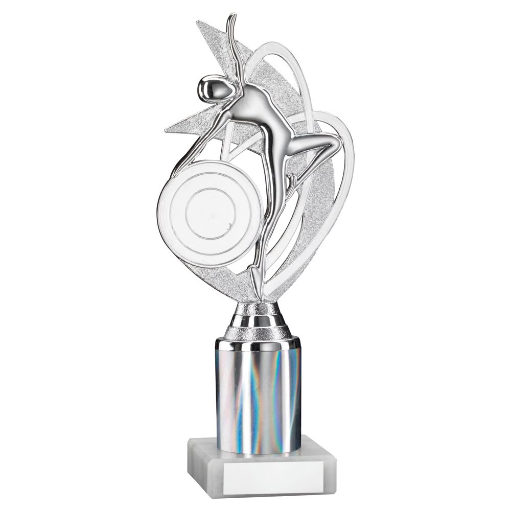 SILVER 'DANCE/GYM' FIGURE ASSEMBLED ON MARBLE (2" CEN/1" TUBE) - 8in