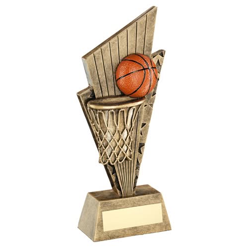 BRZ/GOLD/ORANGE BASKETBALL AND NET ON POINTED BACKDROP WITH PLATE - 6in