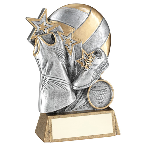 PEW/GOLD NETBALL WITH SHOE AND DRESS ON BRZ BASE WITH PLATE (1in CEN) - 6.25"