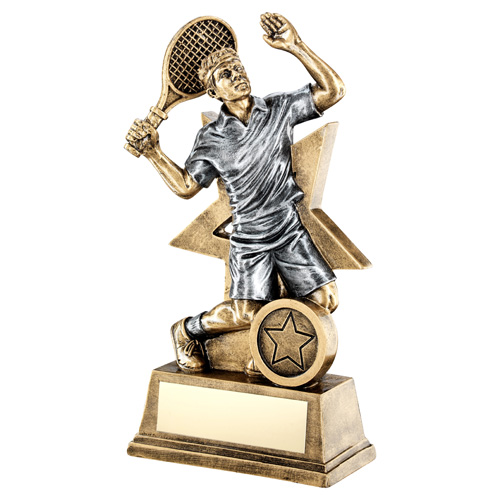 BRZ/GOLD/PEW MALE TENNIS FIGURE WITH STAR BACKING WITH PLATE (1in CENTRE) - 9in
