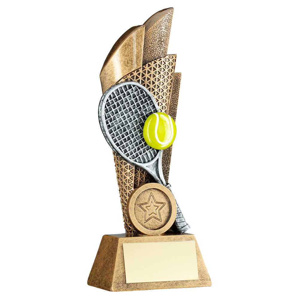 BRZ/PEW/YELLOW TENNIS BALL AND RACKET ON BACKDROP WITH PLATE (1in CEN) - 7.25in