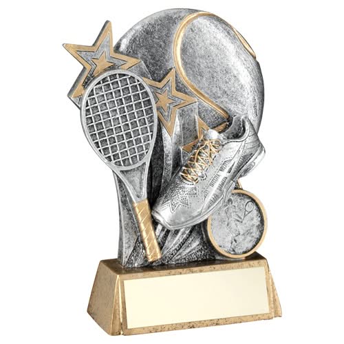 PEW/GOLD TENNIS BALL WITH RACKET ON BRZ BASE WITH PLATE (1in CEN) - 5.25in
