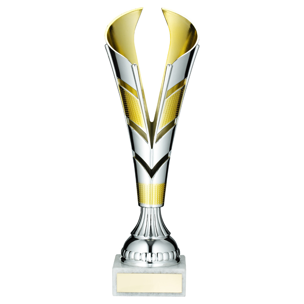 SILVER/GOLD PLASTIC V TROPHY CUP - 11.75in