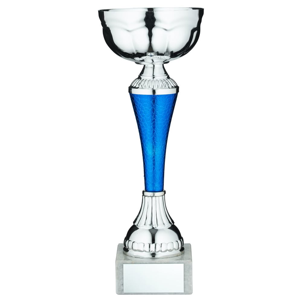 SILVER/BLUE SNAKESKIN TROPHY CUP WITH PLATE - 9.5in