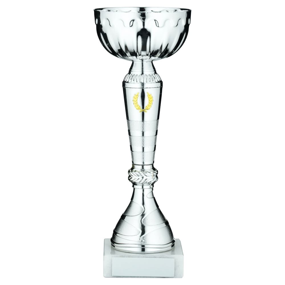 SILVER TROPHY CUP WITH GOLD WREATH AND PLATE - 7.5in