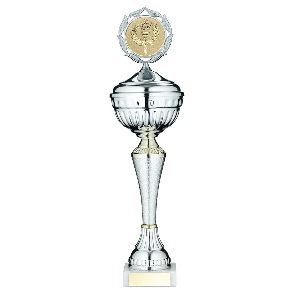 SILVER/GOLD SNAKESKIN TROPHY CUP WITH LID WITH PLATE (2in CENTRE) - 11.75in
