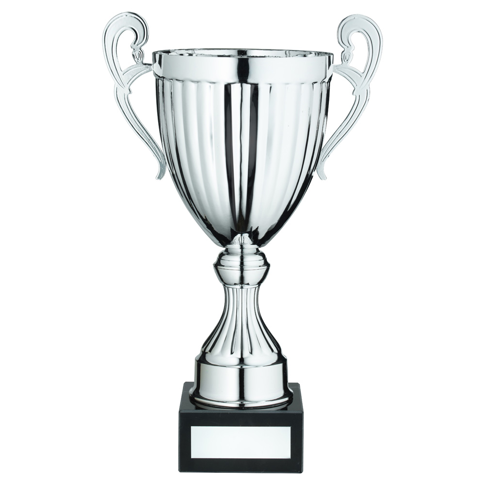 SILVER CONICAL TROPHY CUP WITH HANDLES AND PLATE - 13.75in