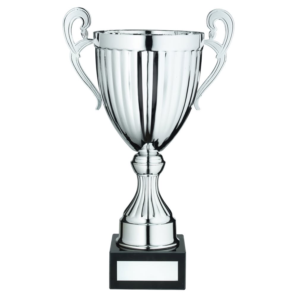 SILVER CONICAL TROPHY CUP WITH HANDLES AND PLATE - 10.5in
