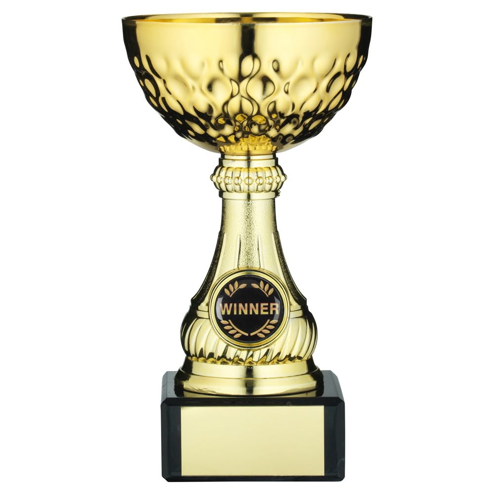 GOLD MINI ASSEMBLED TROPHY CUP WITH PLATE (1in CENTRE) - 5.75in