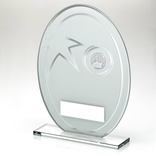 WHITE/SILVER PRINTED GLASS OVAL WITH GAELIC FOOTBALL INSERT AND PLATE - 8in