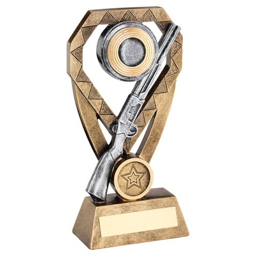 BRZ/PEW/GOLD SHOOTING RIFLE AND CLAY ON DIAMOND WITH PLATE (1in CENTRE) - 8in