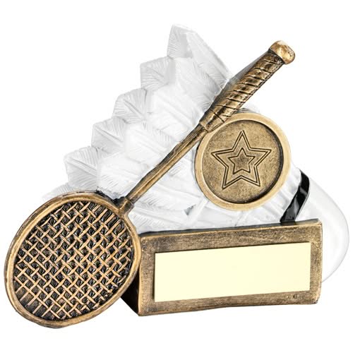 BRZ/WHITE BADMINTON SHUTTLE AND RACKET  FLATBACK WITH PLATE (1in CEN) - 2.75"