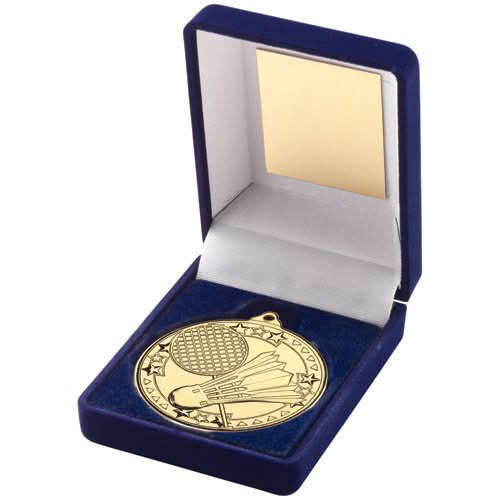 BLUE VELVET BOX AND 50mm MEDAL BADMINTON TROPHY SILVER - 3.5in