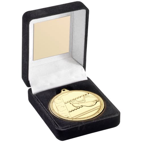 BLACK VELVET BOX AND 50mm SWIMMING MEDAL TROPHY GOLD - 3.5in