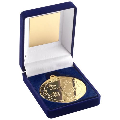 BLUE VELVET MEDAL BOX AND 50mm MEDAL MULTI ATHLETICS TROPHY GOLD - 3.5in