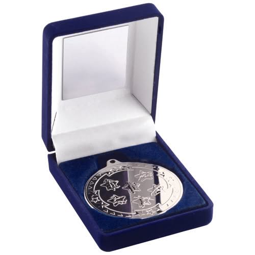 BLUE VELVET MEDAL BOX AND 50mm MEDAL MULTI ATHLETICS TROPHY SILVER - 3.5in