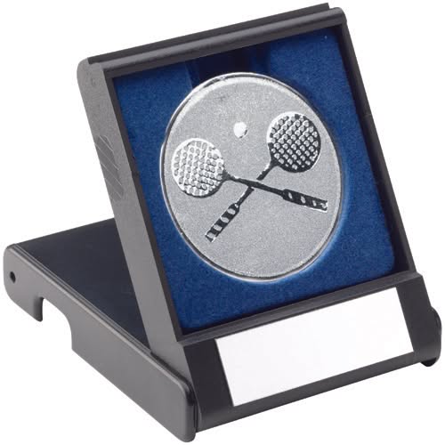 BLACK PLASTIC BOX WITH SQUASH INSERT TROPHY SILVER - 3.5in