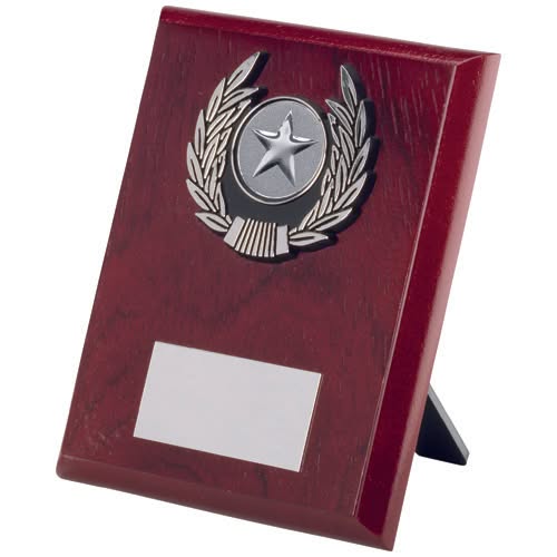 ROSEWOOD PLAQUE AND SILVER TRIM ASSEMBLED TROPHY (1in CENTRE) - 5in