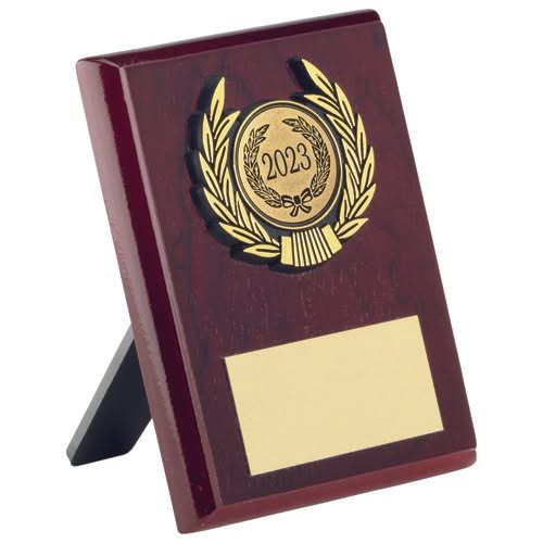 ROSEWOOD PLAQUE AND GOLD TRIM ASSEMBLED TROPHY (1in CENTRE) - 4in