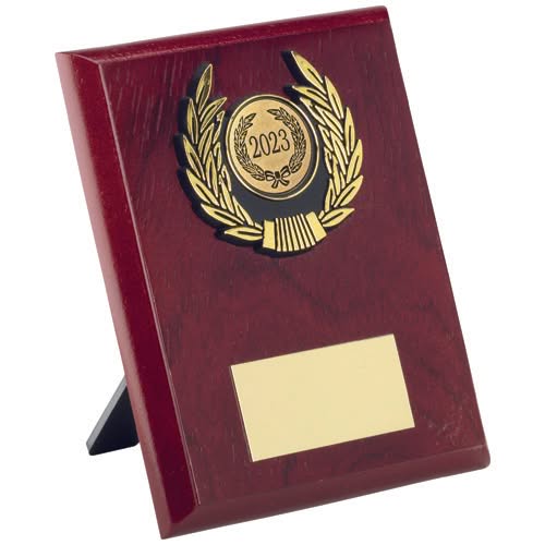ROSEWOOD PLAQUE AND GOLD TRIM ASSEMBLED TROPHY (1in CENTRE) - 5in