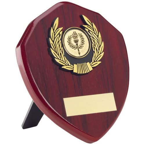ROSEWOOD SHIELD AND GOLD TRIM ASSEMBLED TROPHY (1in CENTRE) - 5in