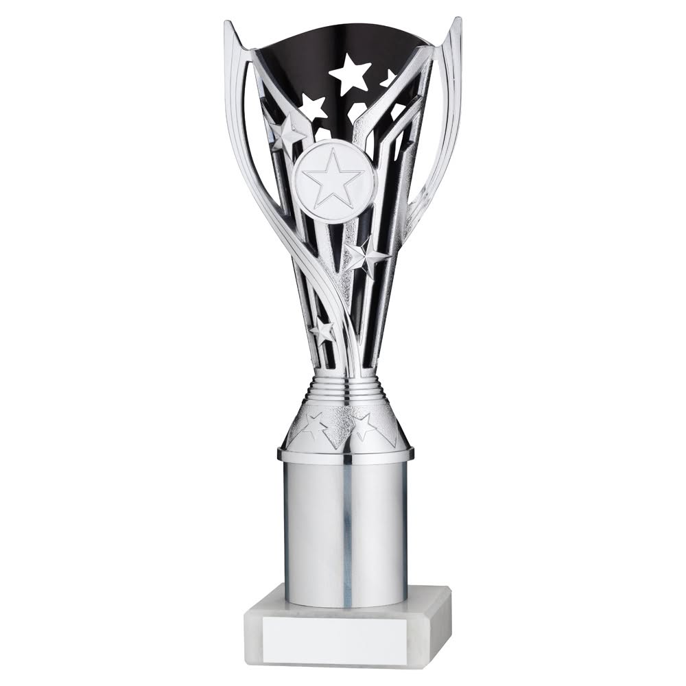 SILVER/BLACK PLASTIC 'FLASH' CUP ASSEMBLED ON MARBLE (1in CEN) - 10in