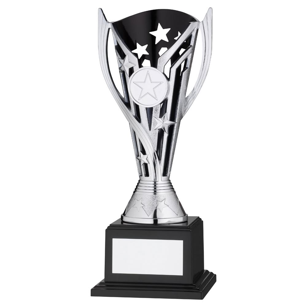 SILVER/BLACK PLASTIC 'FLASH' CUP ON BASE ASSEMBLED TROPHY (1" CEN) - 9.5in
