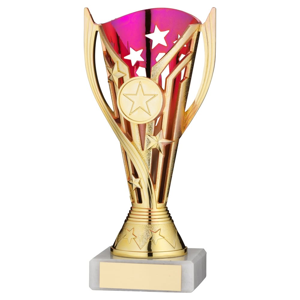 GOLD/PURPLE PLASTIC 'FLASH' CUP ASSEMBLED ON MARBLE (1in CEN) - 7in
