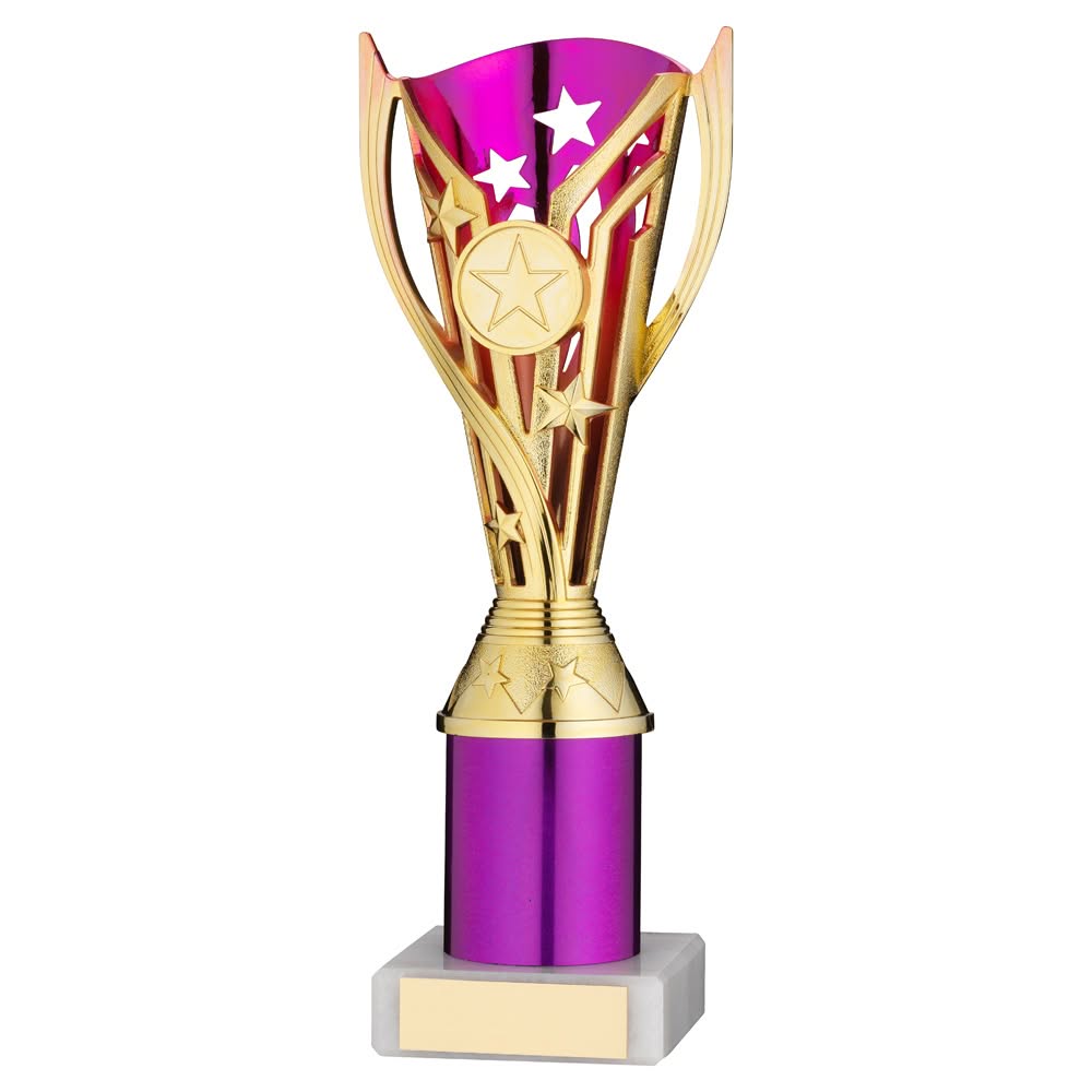 GOLD/PURPLE PLASTIC 'FLASH' CUP ASSEMBLED ON MARBLE (1in CEN) - 8in