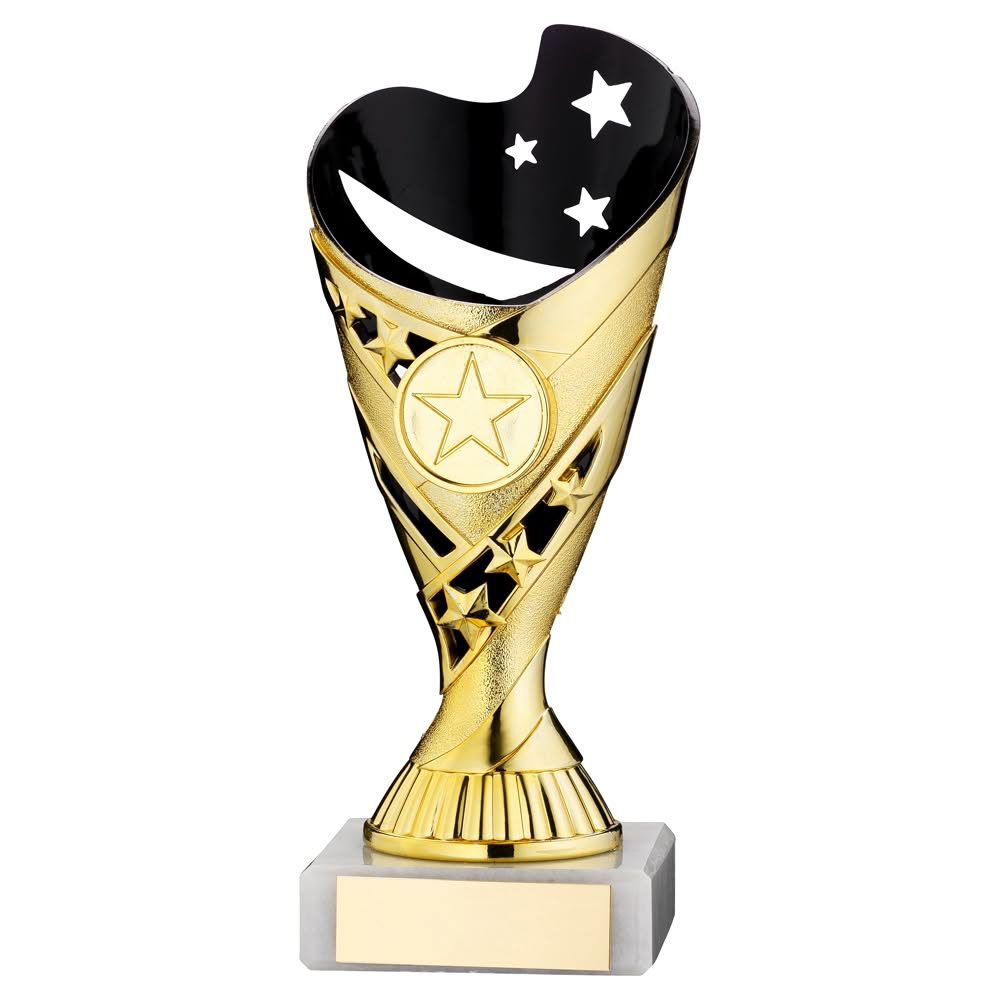 GOLD/BLACK PLASTIC 'SABRE' CUP ASSEMBLED ON MARBLE (1in CEN) - 7in