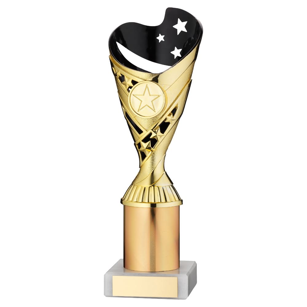 GOLD/BLACK PLASTIC 'SABRE' CUP ASSEMBLED ON MARBLE (1in CEN) - 10in