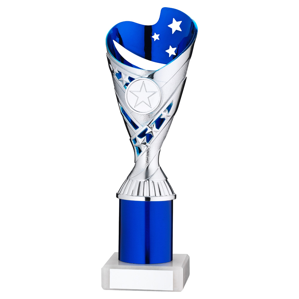 SILVER/BLUE PLASTIC 'SABRE' CUP ASSEMBLED ON MARBLE (1in CEN) - 9in