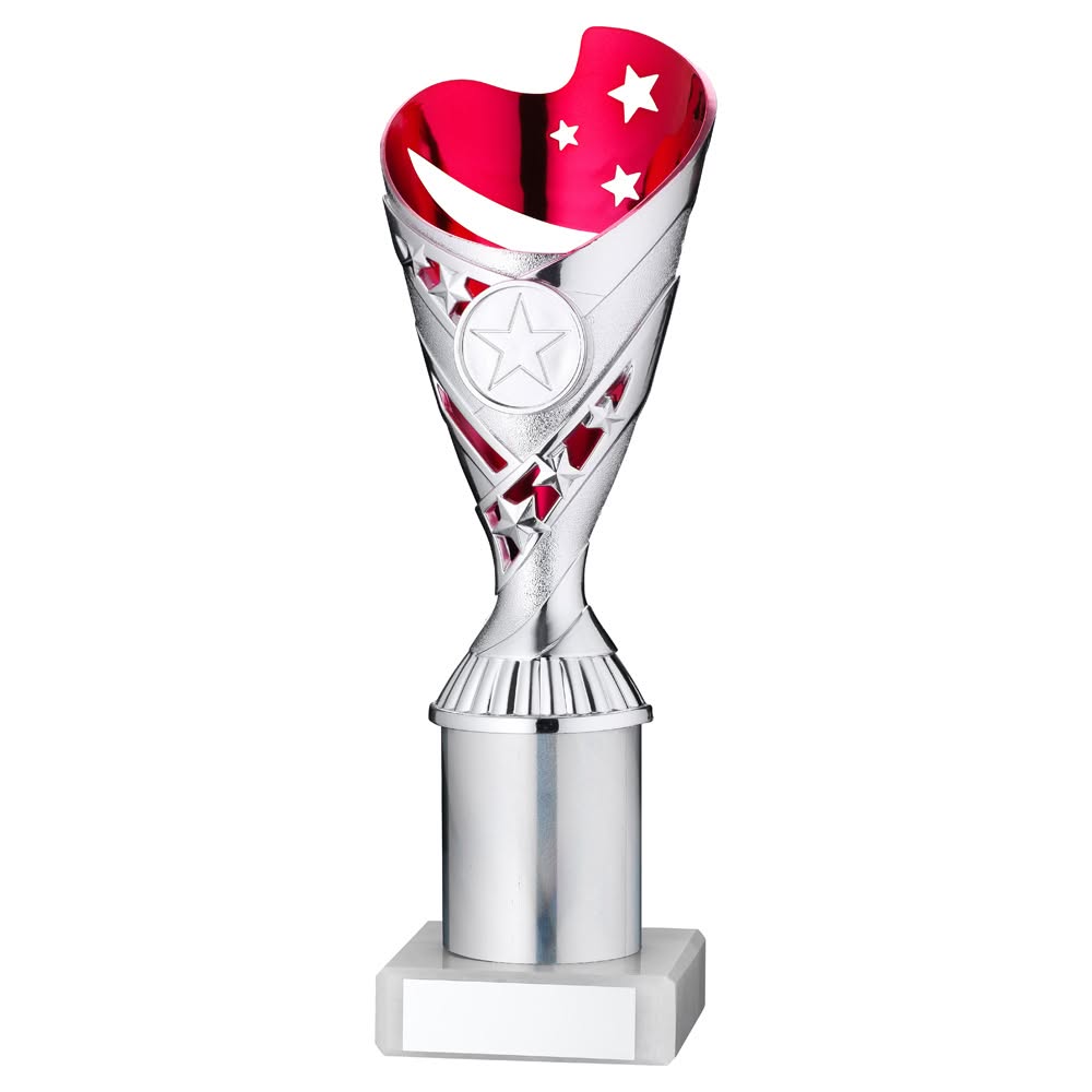 SILVER/PINK PLASTIC 'SABRE' CUP ASSEMBLED ON MARBLE (1in CEN) - 10in