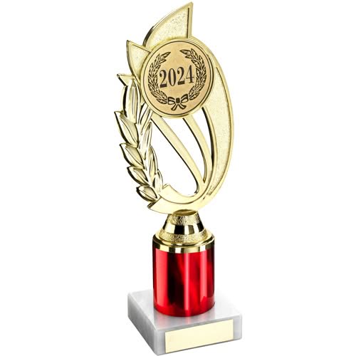 GOLD/RED PLASTIC 'LAUREL' HOLDER ASSEMBLED ON MARBLE (2" CEN/1" TUBE) - 8in