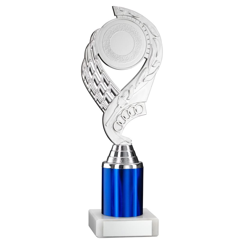 SILVER/BLUE  'OLYMPIC' HOLDER ASSEMBLED ON MARBLE (2" CEN/3" TUBE) - 10in