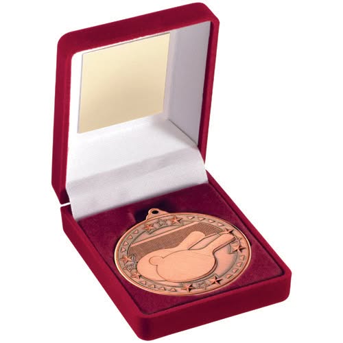 RED VELVET BOX AND 50mm MEDAL TABLE TENNIS TROPHY BRONZE - 3.5in