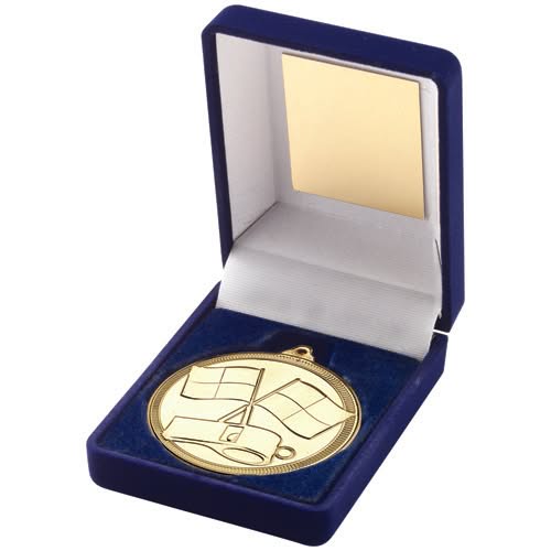 BLUE VELVET BOX AND GOLD MEDAL REFEREE TROPHY - 3.5in