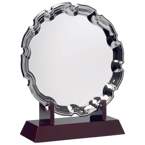 SILVER PLATED 'CHIPPENDALE' SALVER (10") ON WOODEN STAND - 11.25in