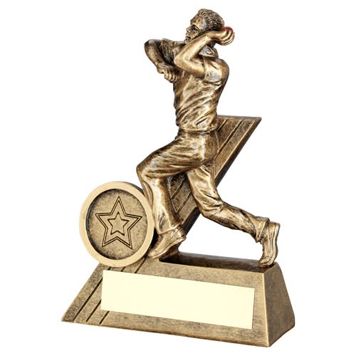 BRZ/GOLD MINI MALE CRICKET BOWLER FIGURE WITH PLATE (1in CENTRE) - 4.75in