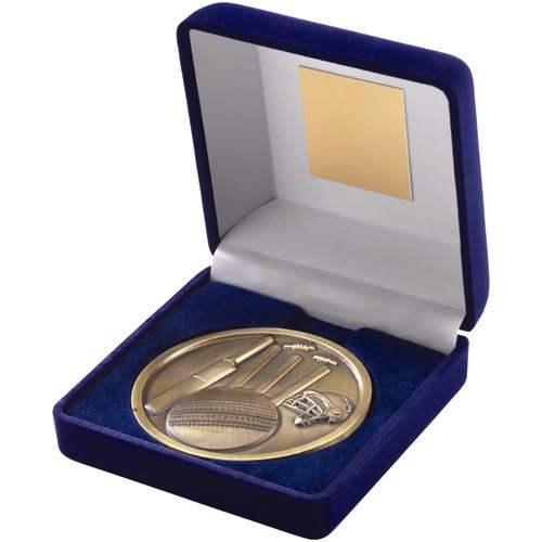 BLUE VELVET BOX AND 70mm MEDALLION CRICKET TROPHY ANTIQUE GOLD - 4in