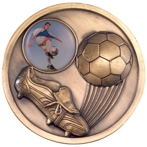 FOOTBALL AND BOOT MEDALLION (1in CENTRE) ANTIQUE GOLD - 2.75in