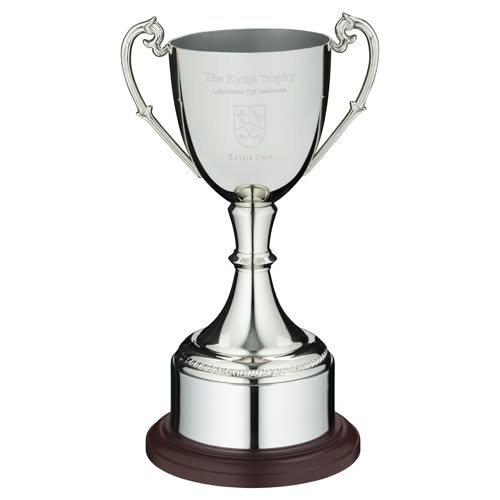 NICKEL PLATED CUP ON ROUND PLINTH WITH BAND - 8.25in