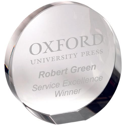 CLEAR GLASS ROUND WEDGED PAPERWEIGHT            (STANDING OR FLAT) - 4.5in
