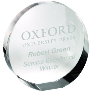 CLEAR GLASS ROUND WEDGED PAPERWEIGHT            (STANDING OR FLAT) - 3.5in