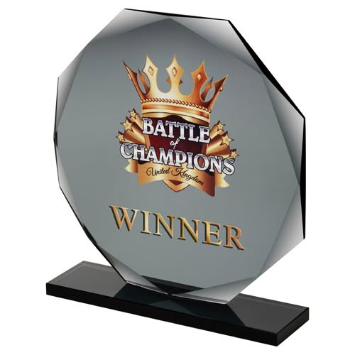 SMOKED BLACK GLASS OCTAGON PLAQUE (10mm THICK) - 8.75in